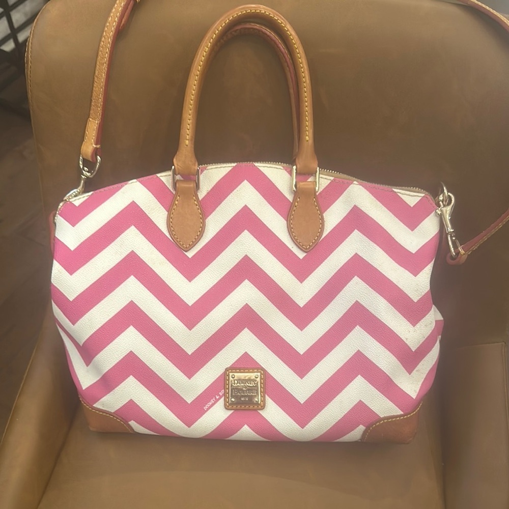 Dooney & Bourke Pink and White Chevron Satchel with Tan Leather Trim